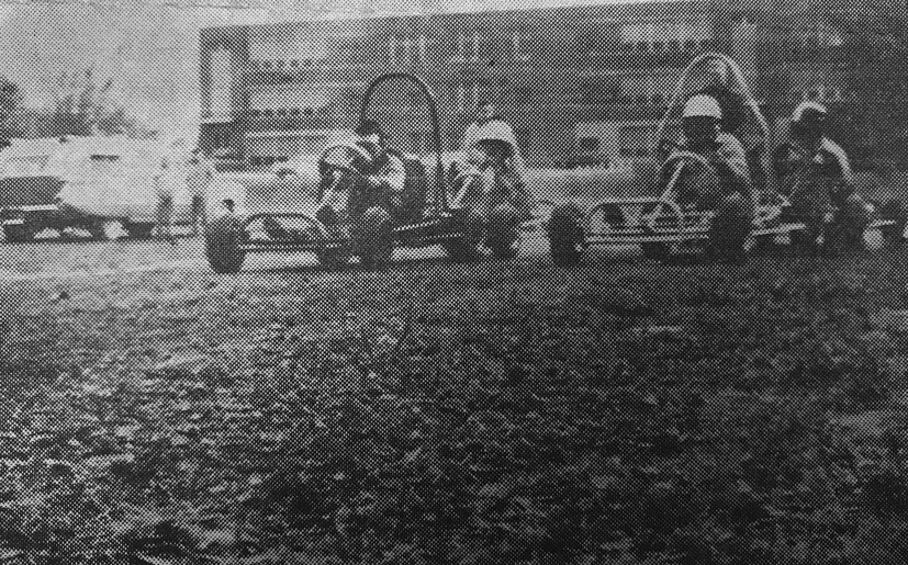 Captured from a Year Book - Preparing to Roar around the track at what sounded to be break-neck speeds, these youngsters lined up for the "Tech 500" during the Homecoming Weekend.